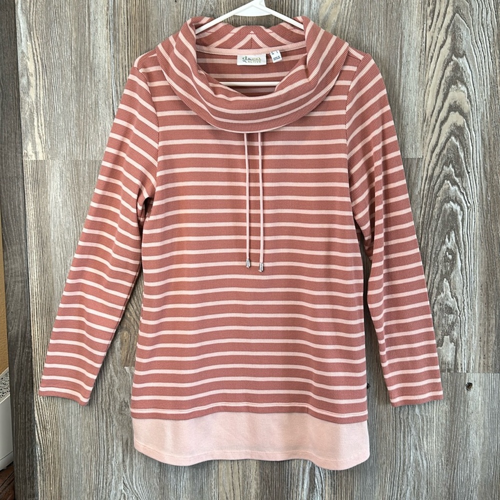 D&Co. Active pink and salmon striped top with with cowl neck, M